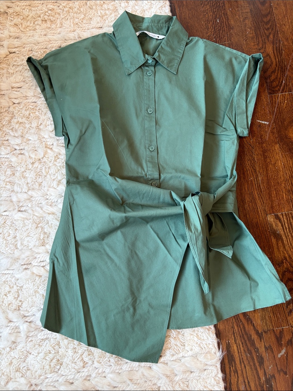 Zara Green Short-Sleeve Button-Down Shirt with Waist Tie